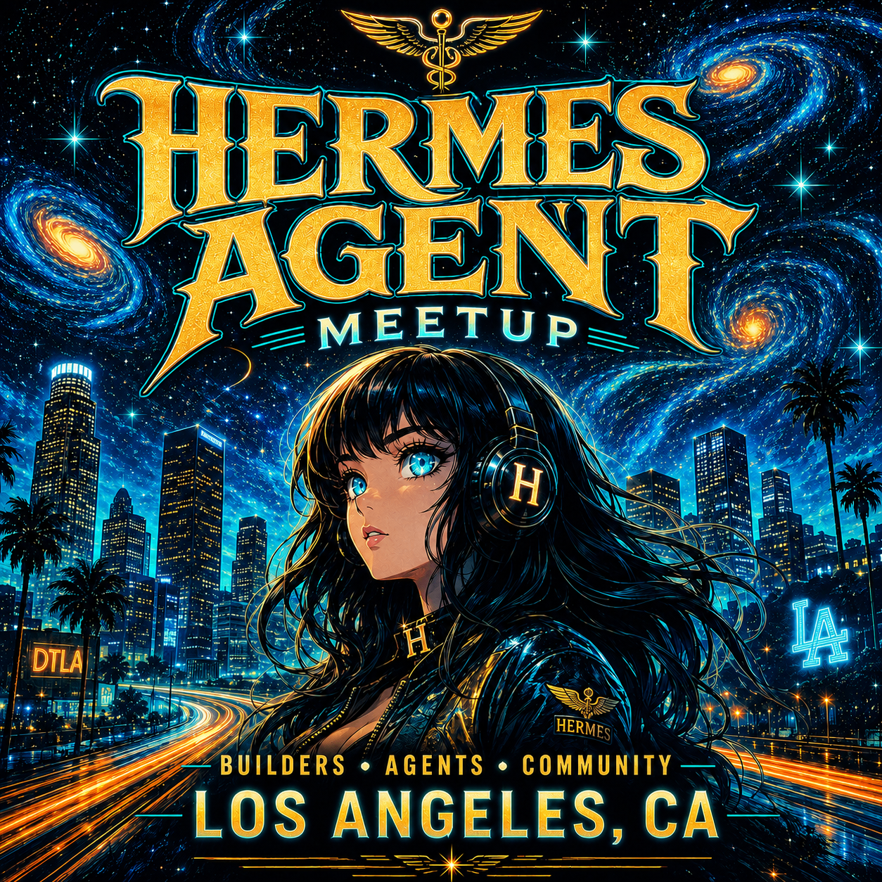 Hermes Agent Meetup LA poster — Builders, Agents, Community in Los Angeles, CA