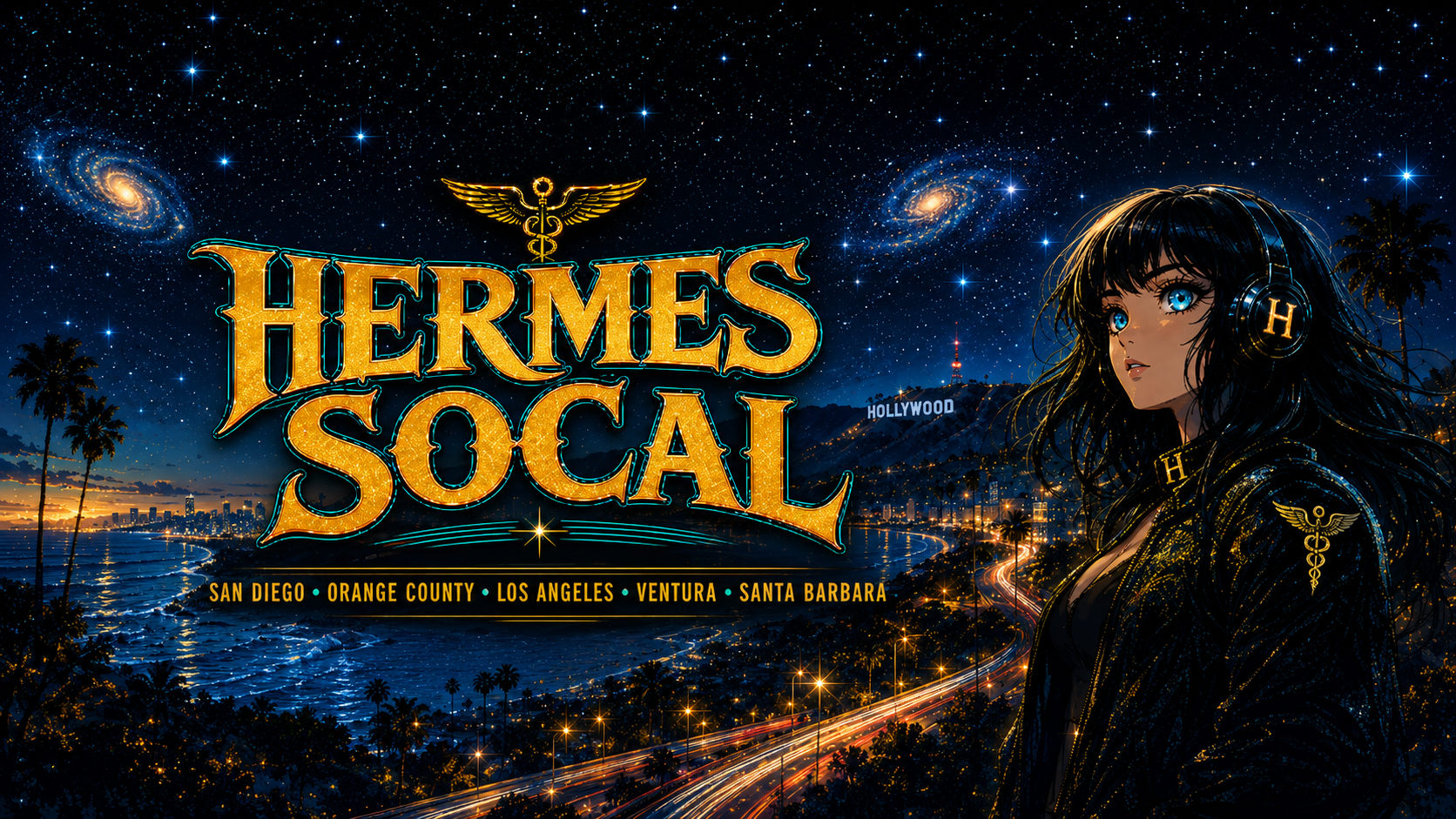 Hermes SoCal — starry night over the Southern California coastline with the Hermes SoCal logo